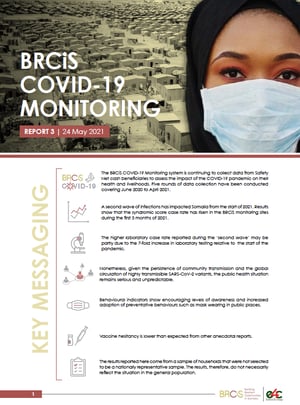 Front page of the report BRCiS Covid-19 monitoring. It shows a mix of text, icons and a photo of a woman wearing a face mask.