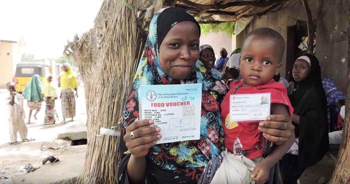 Cash and vouchers used with internally displaced people fleeing from the Boko Haram insurgency in the North-Eastern provinces of Nigeria (Photo from Cashcap video)