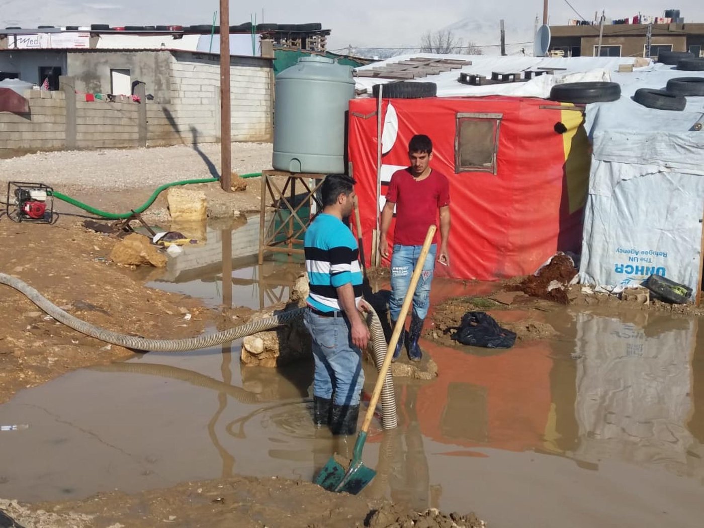 NRC is dewatering informal tented settlements in Bekaa that were flooded after storm "Norma" hit Lebanon a few days ago causing damage to infrastructure, roads and homes across the country. In some areas refugees have been forced to evacuate to alternative locations as tents have collapsed and informal tented settlements have flooded due to the heavy rain and snowfall. Photo: NRC WASH Team