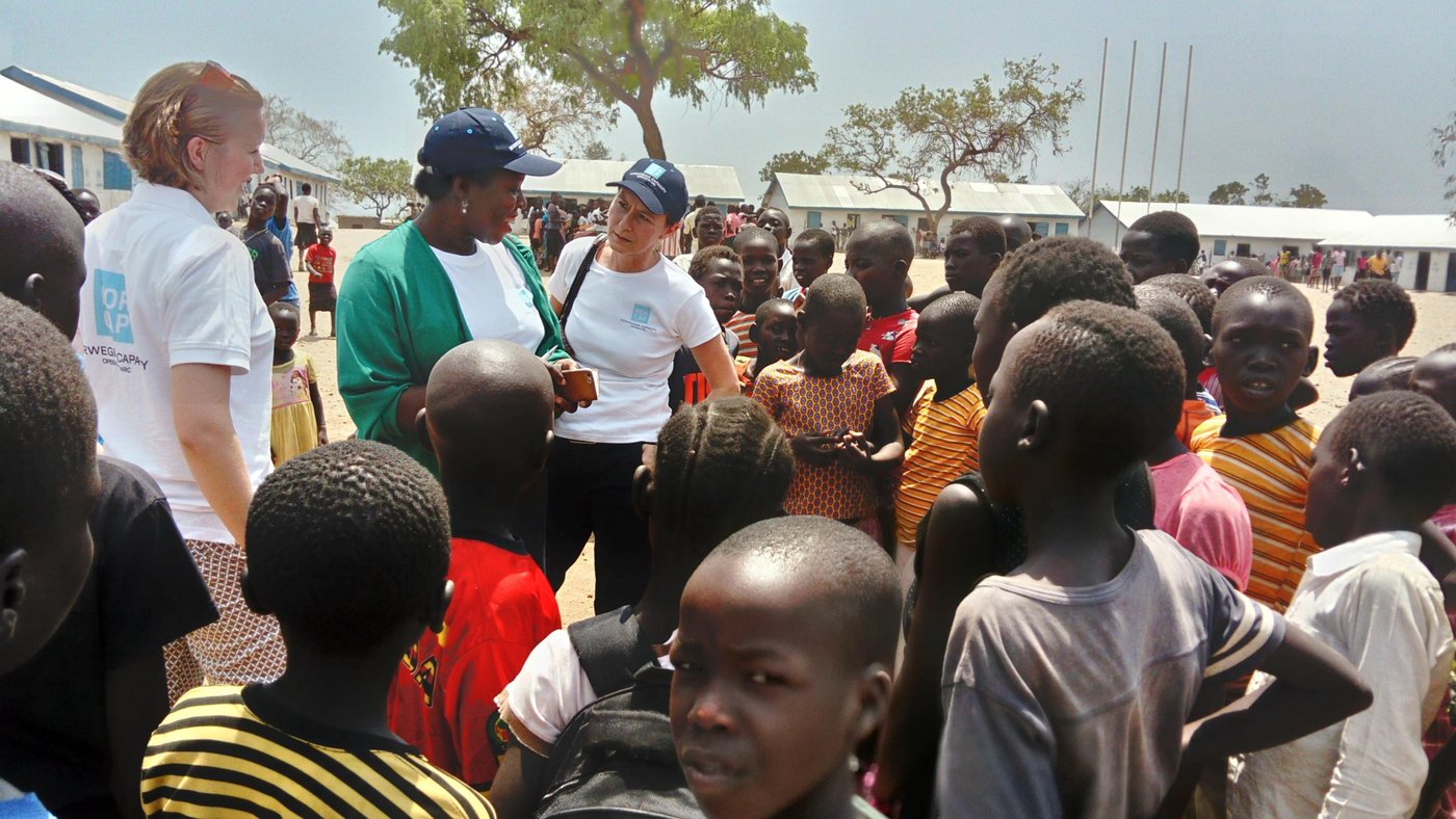 NORCAP Head office staff, Elise Luhr Dietrichson, Helen Kape Peters and Eirin Ulleberg visiting a refugee camp in northern Uganda, 2018. (Photo: Emile Ntempera/NORCAP) 
