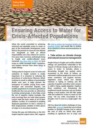 Front page of the Policy Brief "Ensuring Access to Water for Crisis-Affected Populations".