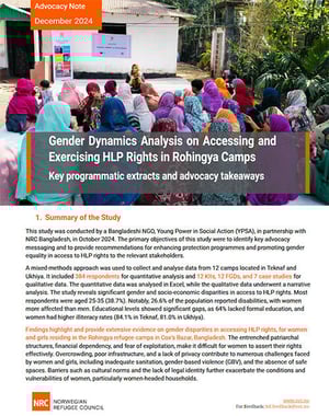 Front page of the advocacy note "Gender dynamics analysis on accessing and exercising HLP rights in Rohingya camps".