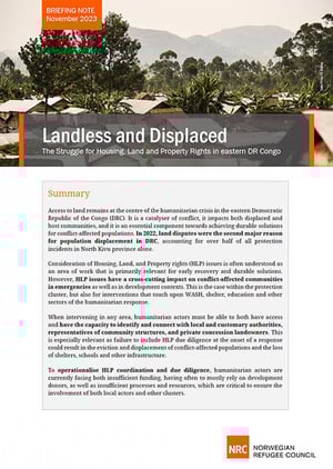 Front page of the briefing note "Landless and displaced - the struggle for housing, land and property rights in eastern DR Congo".