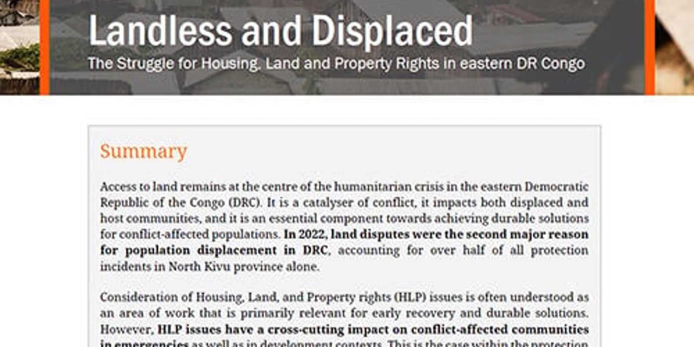 Front page of the briefing note "Landless and displaced - the struggle for housing, land and property rights in eastern DR Congo".