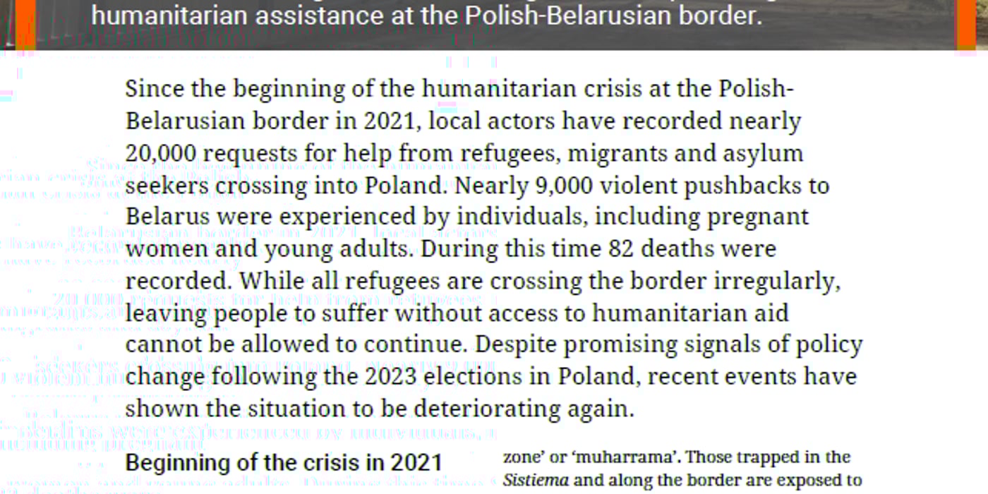 Front page of the briefing note "Refugees trapped in Europe's "death zone".