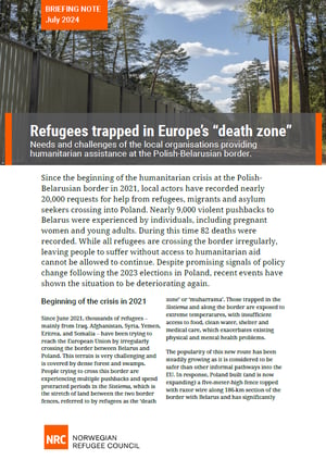 Front page of the briefing note "Refugees trapped in Europe's "death zone".