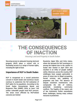 The briefing note "The consequences of inaction - Housing, land and property i South Sudan".