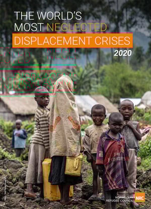 Front page og the report "The world’s most neglected displacement crises in 2020". Five children carrying jerrycans stand in a group, looking at the photographer.